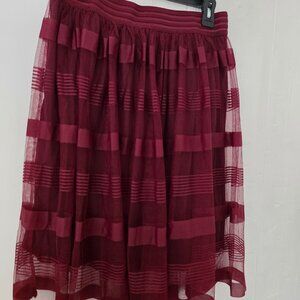 Metro Wear Maroon Tulle Striped Overlay Midi Skirt - Size L